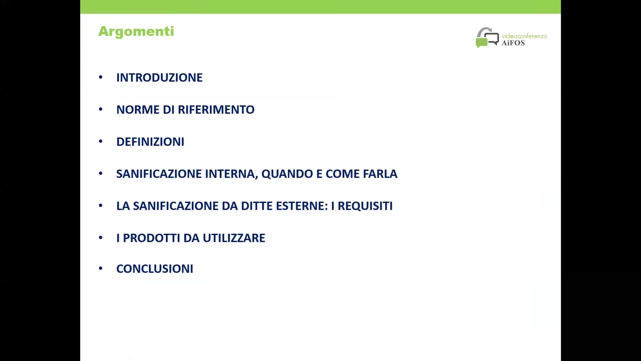 '3 .\||-‘()8

° INTRODUZIONE

° NORME DI RIFERIMENTO

° DEFINIZIONI

° SANIFICAZIONE INTERNA, QUANDO E COME FARLA
° LA SANIFICAZIONE DA DITTE ESTERNE: I REQUISITI

° I PRODOTTI DA UTILIZZARE

° CONCLUSIONI